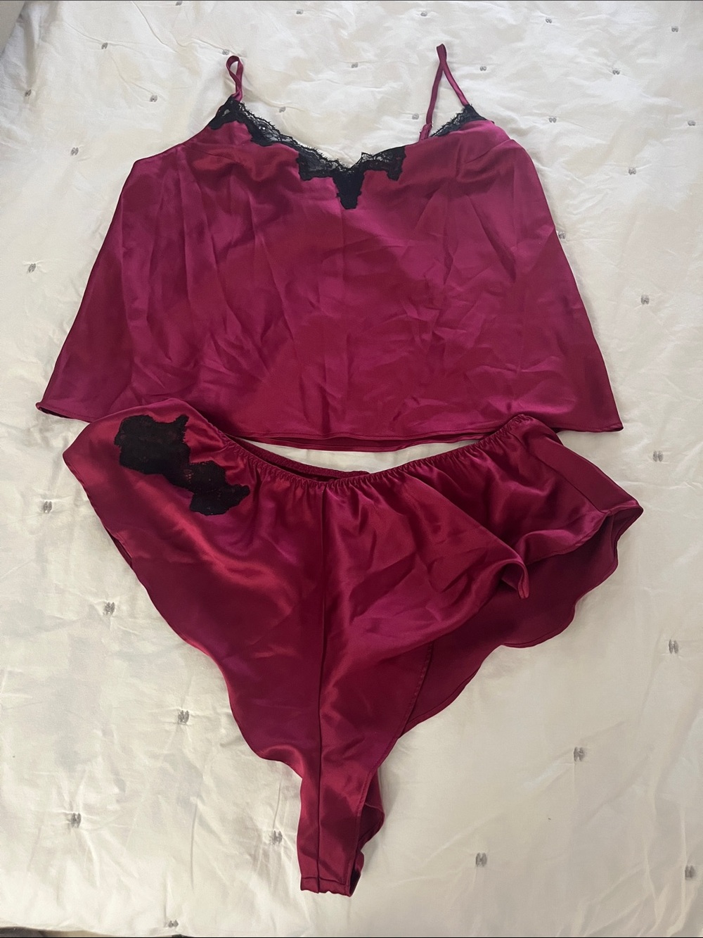 Victoria Secret Silk Satin Burgundy Camisole & Brief Set with Black Lace